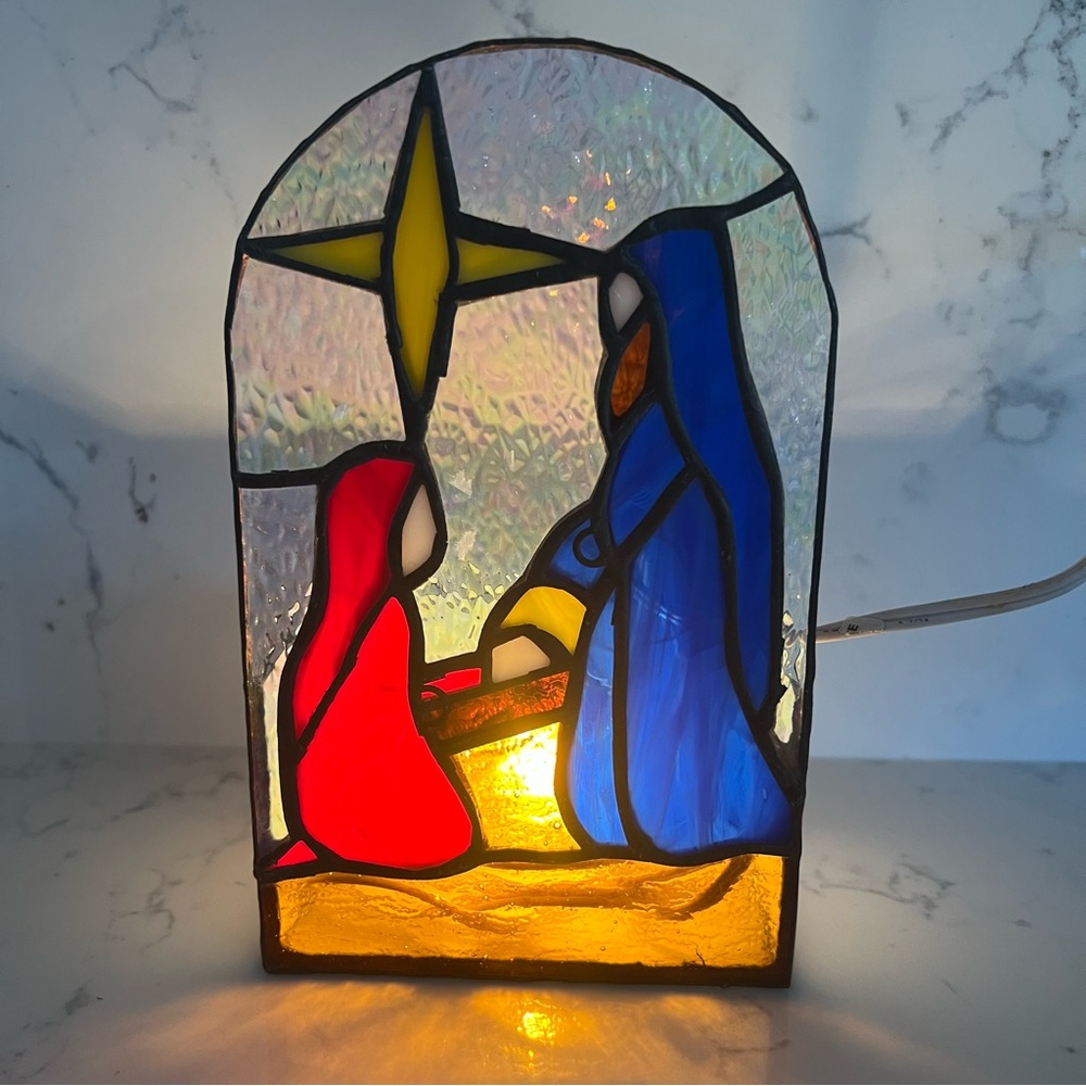 VTG Stain Glass Nativity Scene Mary Joseph Baby with Light 8.5”Christmas Decor